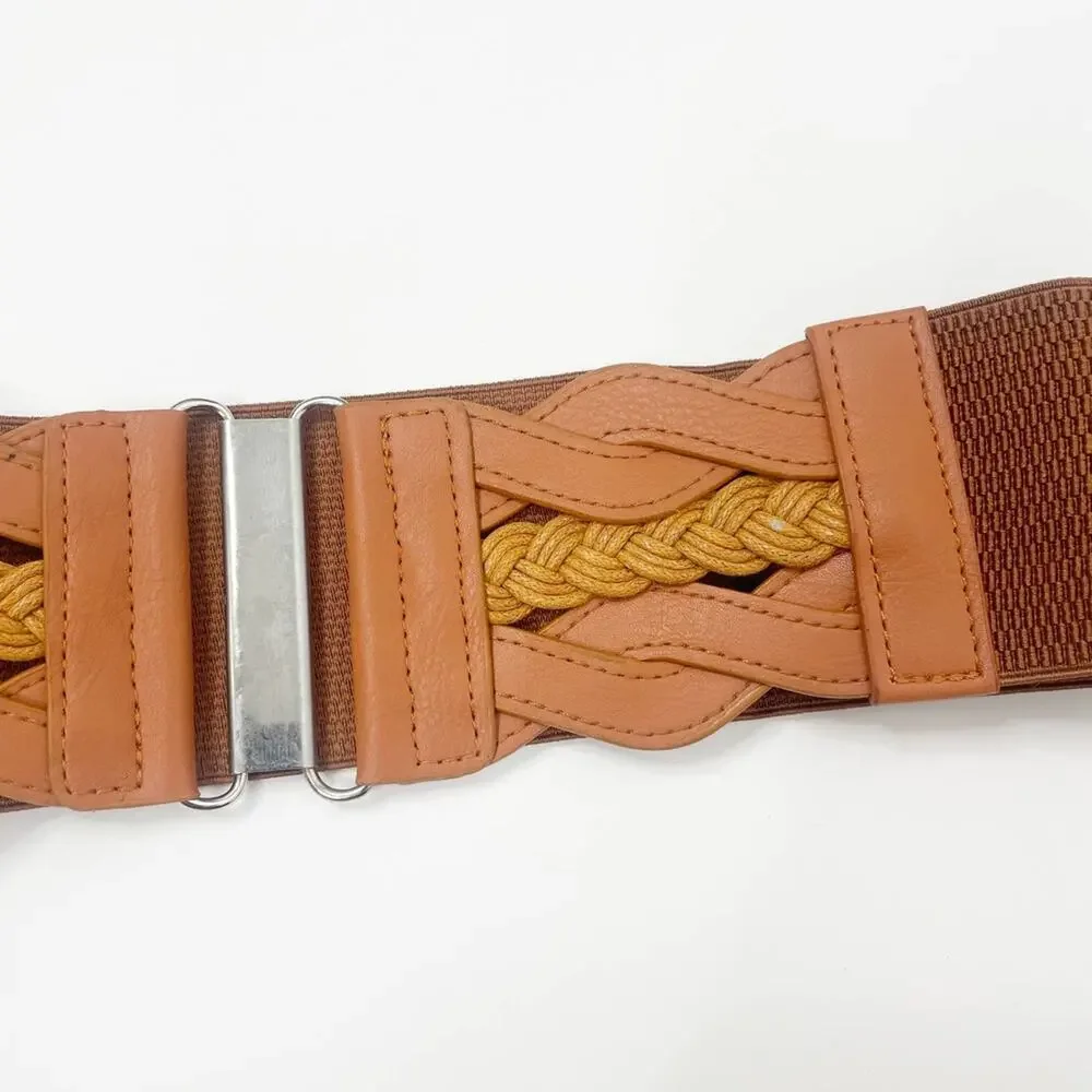 2/$30 New Elastic Wide Waist Belt Braided Camel Brown Caramel Tan